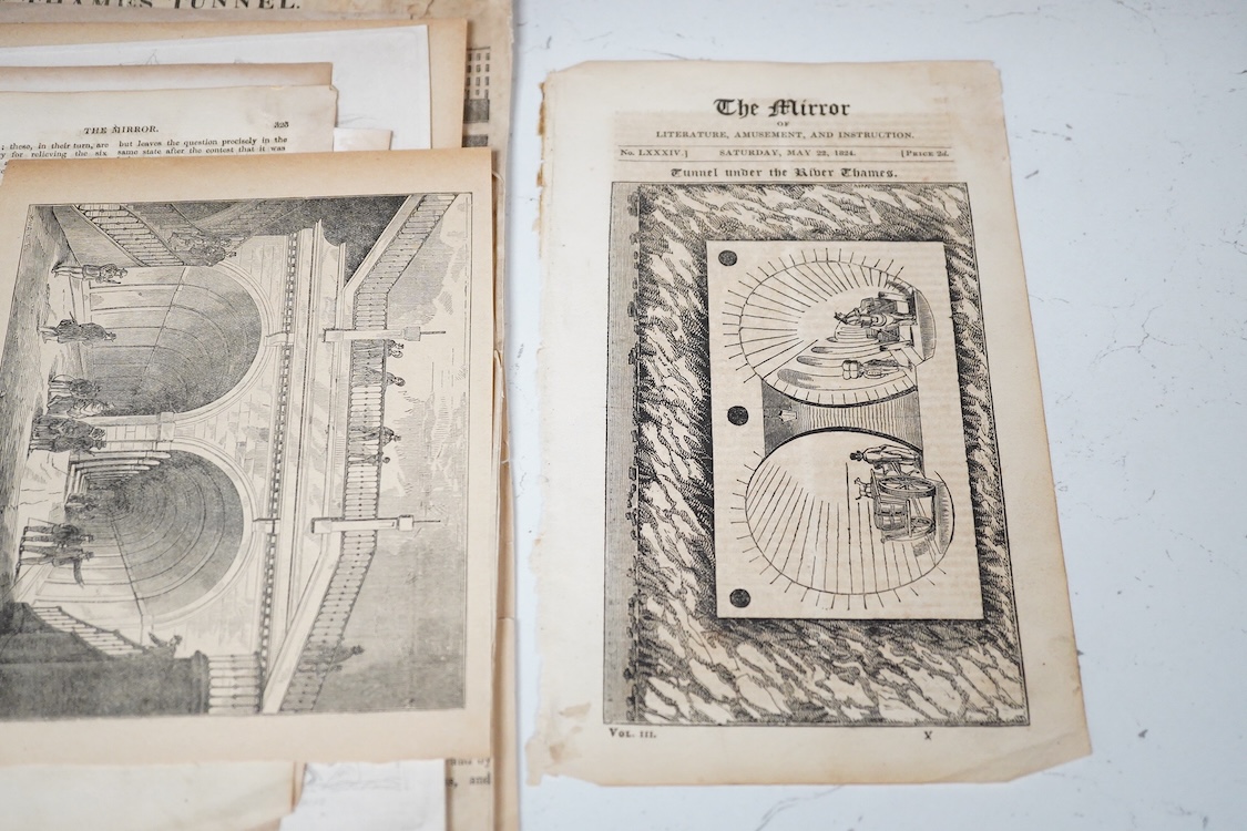 A collection of early to mid 19th century newspaper cuttings and engravings related to Marc Brunel’s Thames Tunnel, including contemporary reports and French reports, The Mirror, dated Saturday May 22, 1824, a contempora